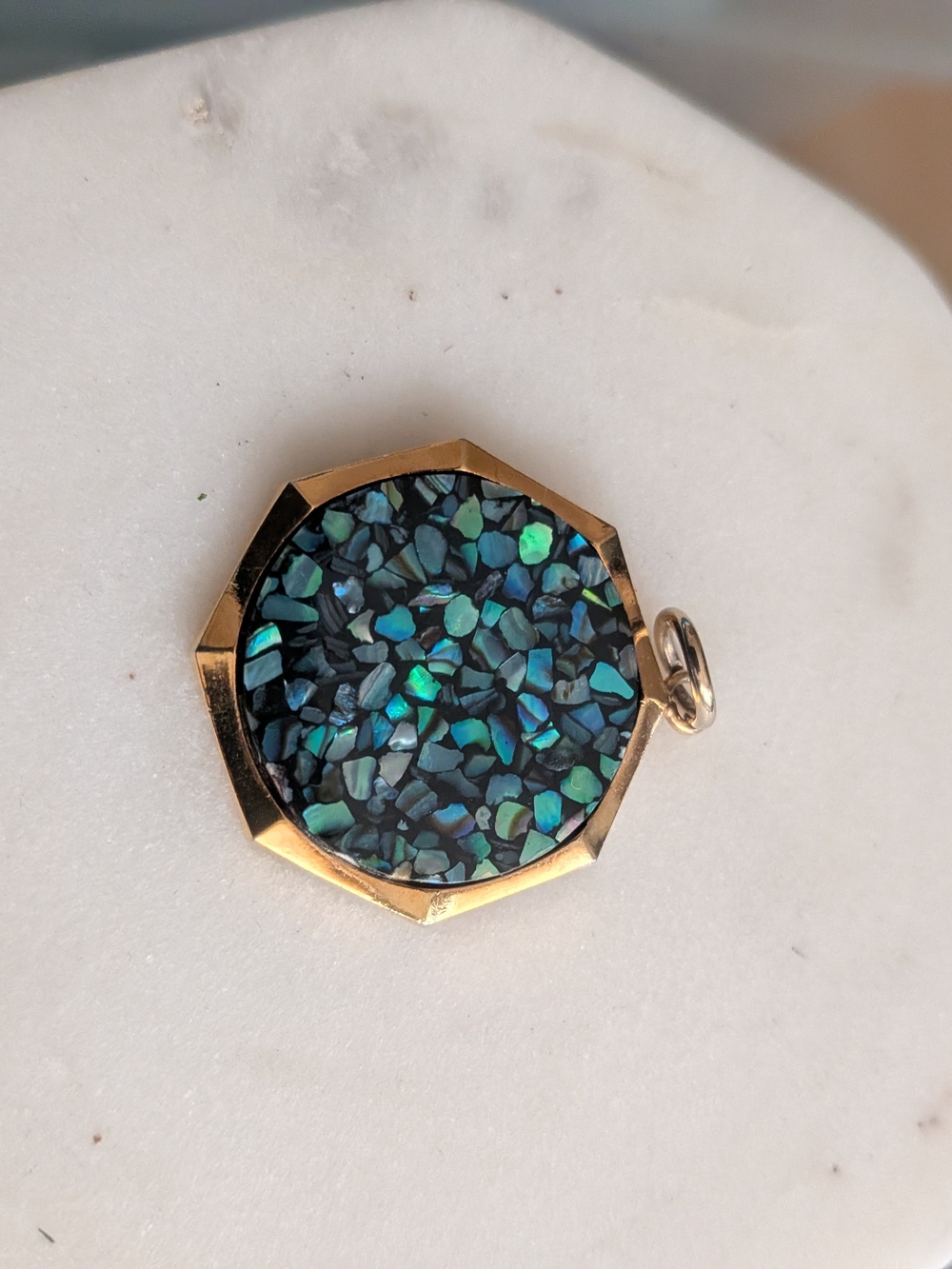 Vintage Paua shell mosaic pendant crushed abalone shells set in gold-tone